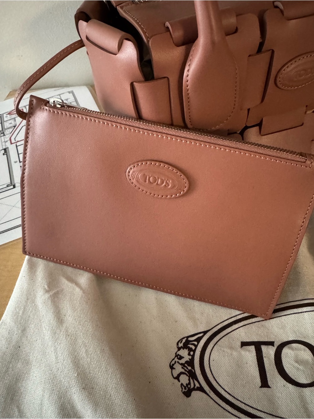 TOD'S Di bag- Rose Brown Leather Woven Satchel with Pouch - Picture 2 of 4